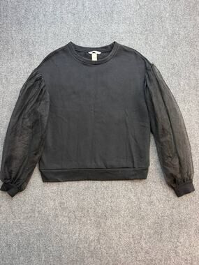 H&M Black Sweatshirt Sheer Puff Sleeve Crew Neck Pullover Women's Size S